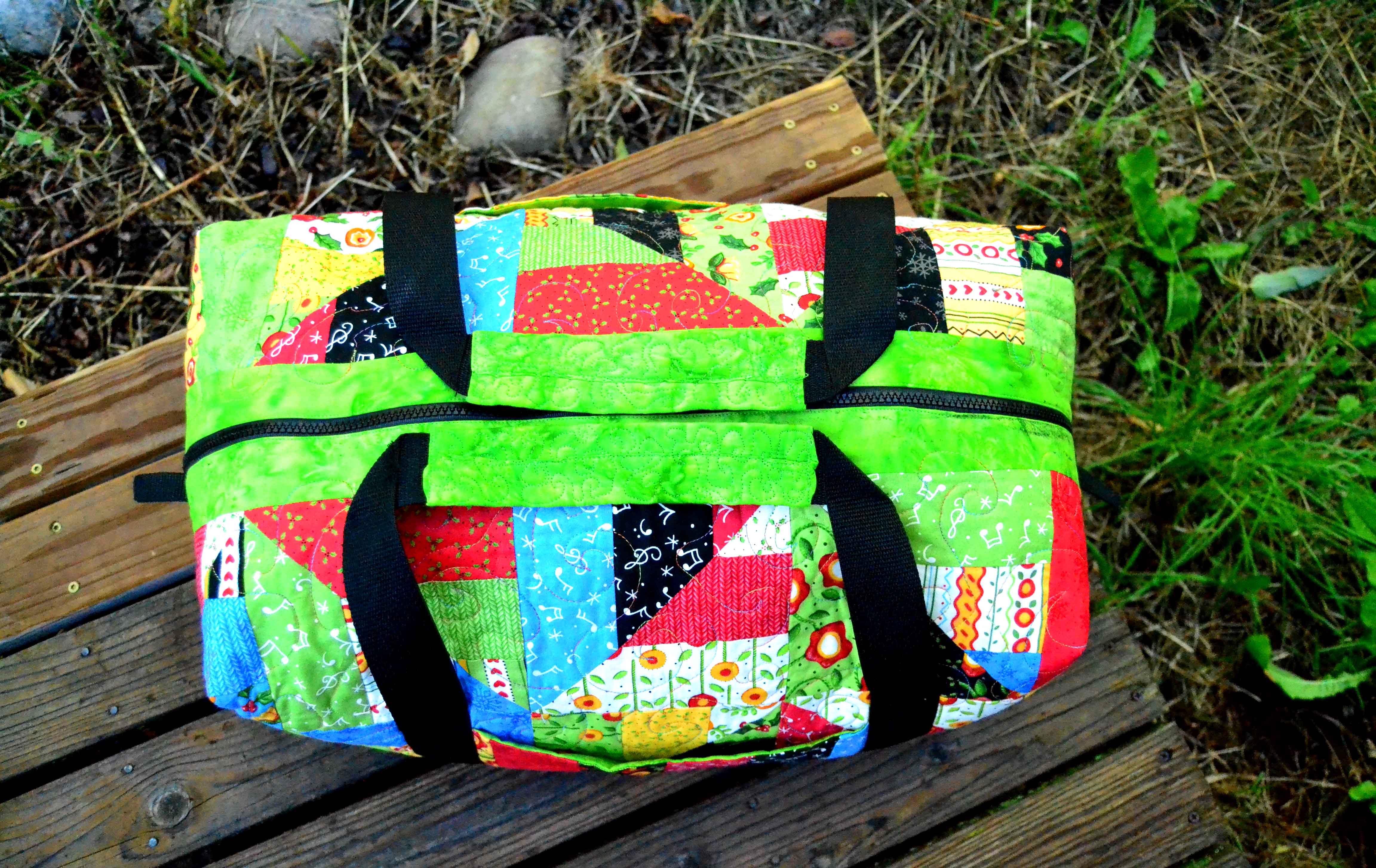 Shows bright green custom duffle bag by Princess YellowBelly Designs